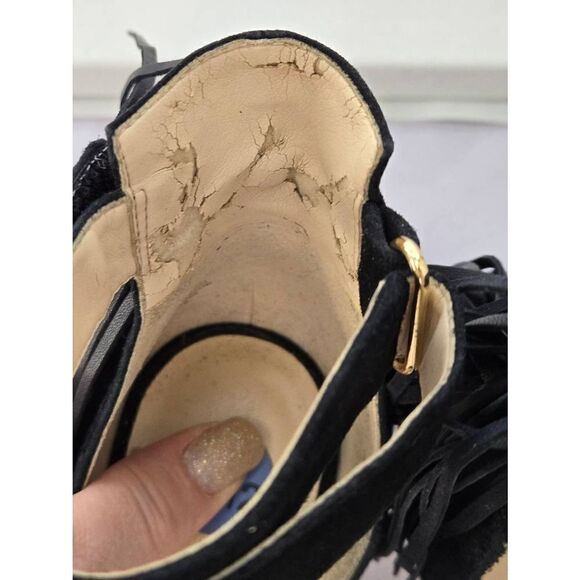 Nine West Hustle Womens Size 7.5M Black Fringe Ankle Strap Heel - Picture 5 of 8